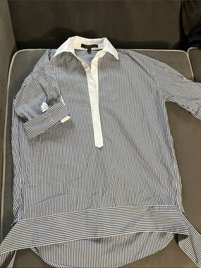 BCBGMaxAzria Black and White Striped Popover Shirt with Contrast Collar